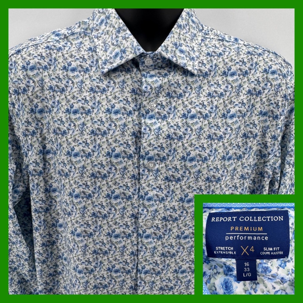 Report Collection Dress Shirt Mens L Blue Green Floral Slim Fit Stretch‎